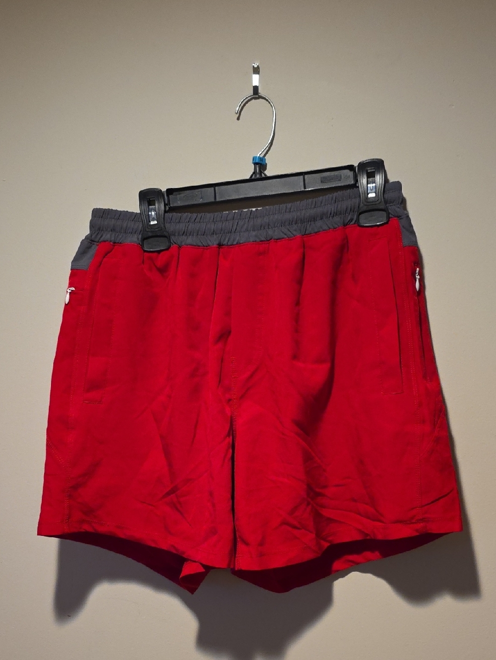 Men's Athletic Freeballers Red Shorts with Gray Waistband and Zip Pockets